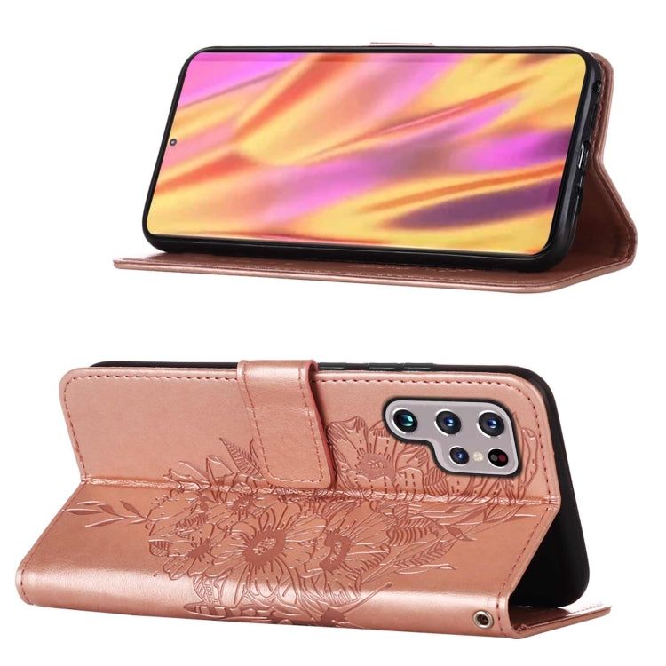 For Samsung Galaxy S22 Ultra 5G Embossed Butterfly Leather Phone Case with Holder & Card Slot & Wallet & Lanyard(Rose Gold) - Samsung Accessories by buy2fix | Online Shopping UK | buy2fix