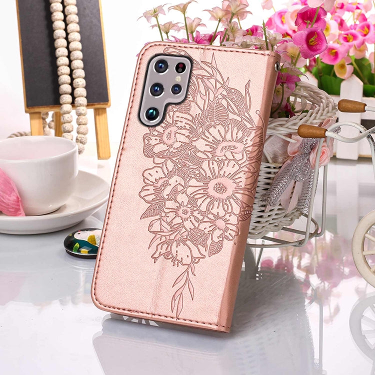 For Samsung Galaxy S22 Ultra 5G Embossed Butterfly Leather Phone Case with Holder & Card Slot & Wallet & Lanyard(Rose Gold) - Samsung Accessories by buy2fix | Online Shopping UK | buy2fix