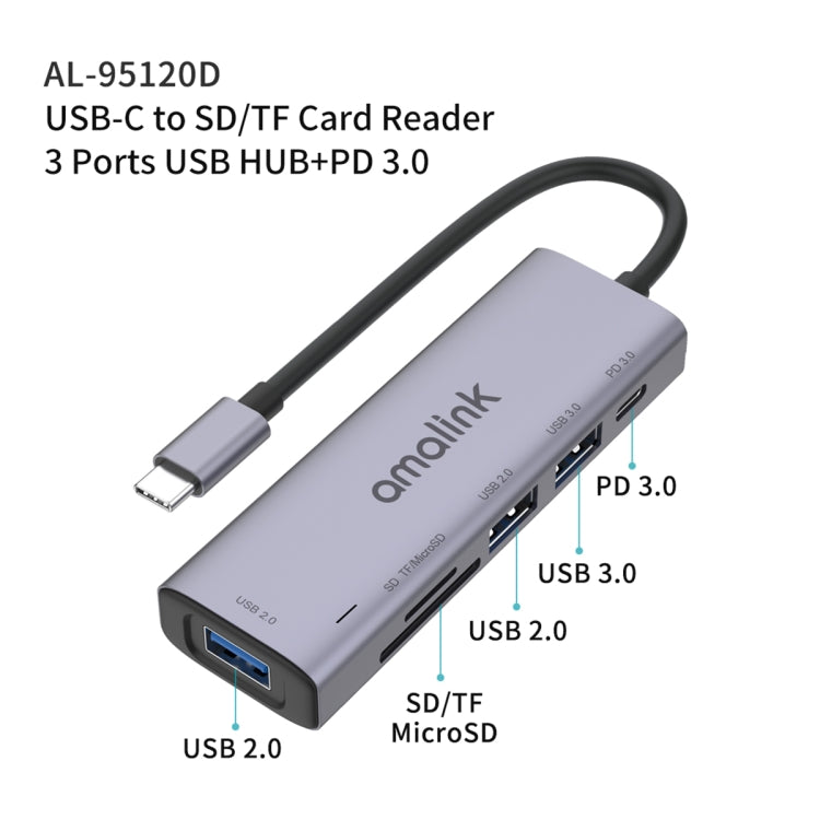 amalink 95120D Type-C / USB-C to SD/TF + 3 Ports USB + PD 3.0 Multi-function HUB (Grey) - USB HUB by amalink | Online Shopping UK | buy2fix