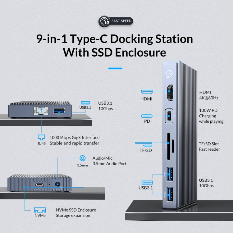 ORICO CDH-9N Type-C / USB-C Multifunctional Docking Station(Grey) - USB HUB by ORICO | Online Shopping UK | buy2fix