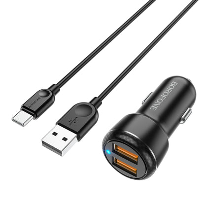 Borofone BZ17 Dual USB Ports QC3.0 Car Charger with Type-C / USB-C Charging Cable(Black) - In Car by Borofone | Online Shopping UK | buy2fix