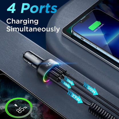 JOYROOM JR-CL20 57W 4 in 1 Car Charger with 8 Pin Coiled Data Cable(Black) - In Car by JOYROOM | Online Shopping UK | buy2fix