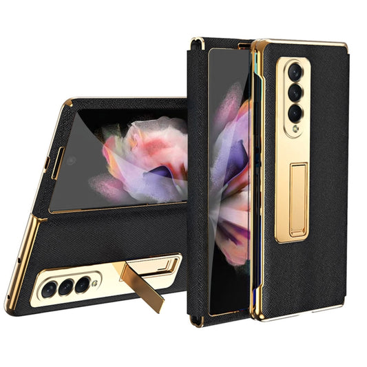 For Samsung Galaxy Z Fold4 Cross Texture Integrated Electroplating Hinge Flip Phone Case with Tempered Film(Black) - Galaxy Z Fold4 5G Cases by buy2fix | Online Shopping UK | buy2fix