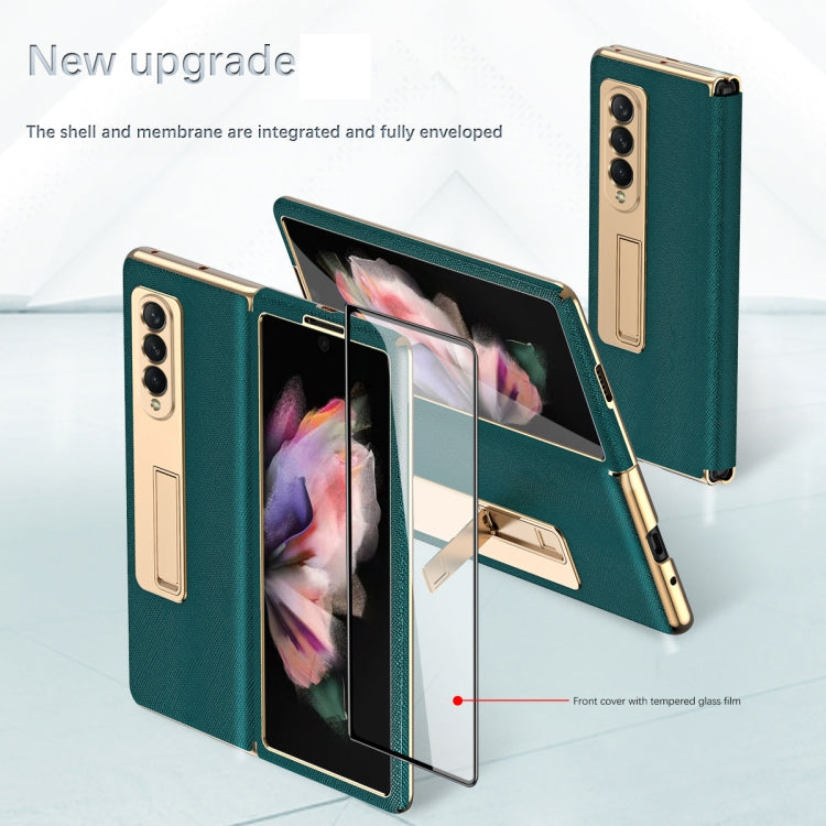 For Samsung Galaxy Z Fold4 Cross Texture Integrated Electroplating Hinge Flip Phone Case with Tempered Film(Gold) - Galaxy Z Fold4 5G Cases by buy2fix | Online Shopping UK | buy2fix