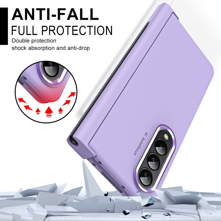 For Samsung Galaxy Z Fold4 Skin Feel Two-color Contact Lens Hinge Flip Phone Case with Pen Slot(Purple) - Galaxy Z Fold4 5G Cases by buy2fix | Online Shopping UK | buy2fix