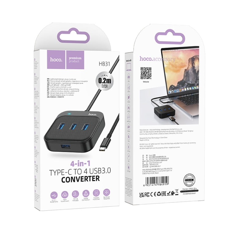 hoco HB31 Easy 4 in 1 USB-C / Type-C to USB3.0x4 Converter, Cable Length: 0.2m(Black) - Computer & Networking by hoco | Online Shopping UK | buy2fix