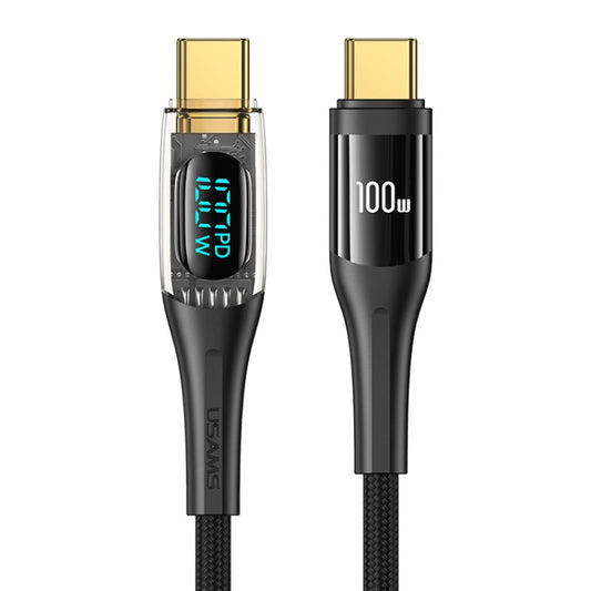 USAMS Type-C to Type-C PD100W Aluminum Alloy Transparent Digital Display Fast Charge Data Cable, Cable Length:1.2m(Black) - USB-C & Type-C Cable by USAMS | Online Shopping UK | buy2fix