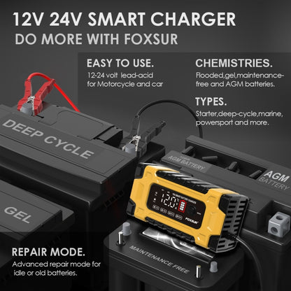 FOXSUR 12V / 24V / 10A Car / Motorcycle Battery Smart Repair Lead-acid Battery Charger(AU Plug Yellow) - In Car by FOXSUR | Online Shopping UK | buy2fix