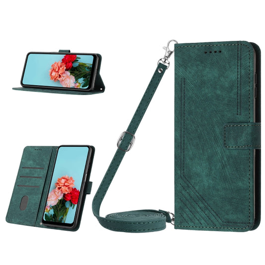 For Nokia C32 Skin Feel Stripe Pattern Leather Phone Case with Lanyard(Green) - Nokia Cases by buy2fix | Online Shopping UK | buy2fix
