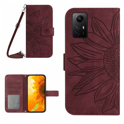 For Xiaomi Redmi Note 12S Skin Feel Sun Flower Embossed Flip Leather Phone Case with Lanyard(Wine Red) - Xiaomi Cases by buy2fix | Online Shopping UK | buy2fix