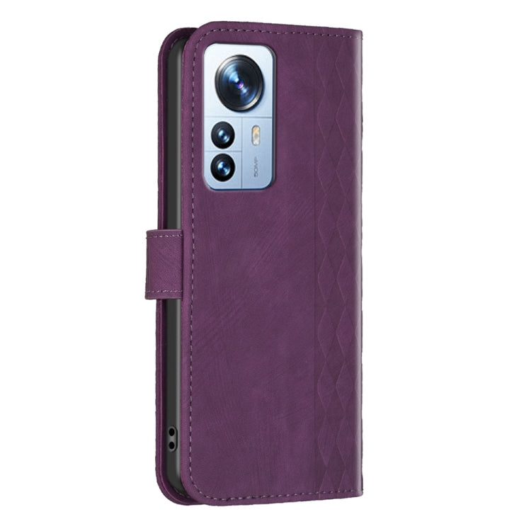 For Xiaomi 12 Pro Plaid Embossed Leather Phone Case(Purple) - 12 Pro Cases by buy2fix | Online Shopping UK | buy2fix