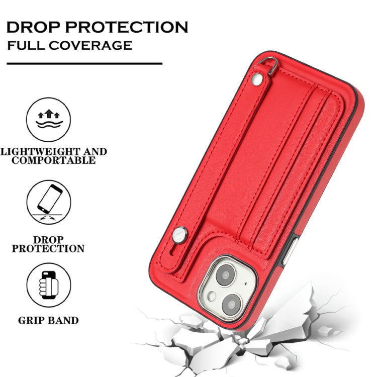 For iPhone 13 Shockproof Leather Phone Case with Wrist Strap(Red) - iPhone 13 Cases by buy2fix | Online Shopping UK | buy2fix