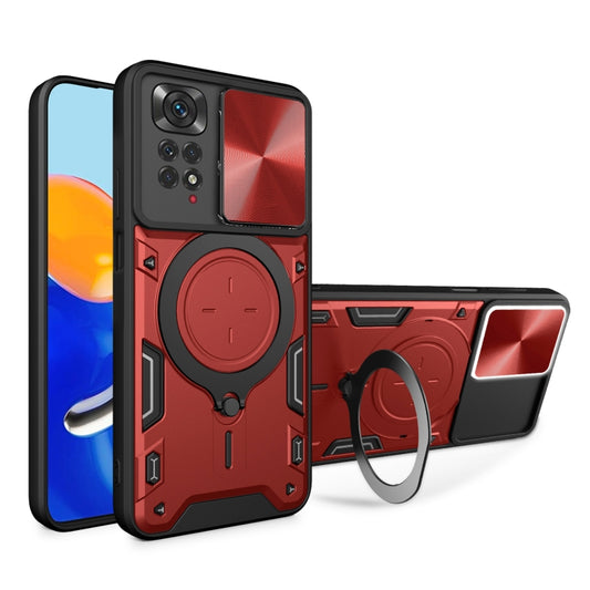 For Xiaomi Redmi Note 11 4G CD Texture Sliding Camshield Magnetic Holder Phone Case(Red) - Xiaomi Cases by buy2fix | Online Shopping UK | buy2fix
