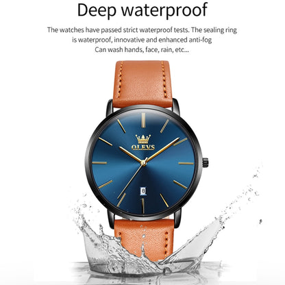 OLEVS 5869 Men Business Waterproof Genuine Leather Strap Quartz Watch(Blue Black Brown) - Leather Strap Watches by OLEVS | Online Shopping UK | buy2fix