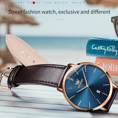 OLEVS 5869 1 Pair Couple Waterproof Genuine Leather Strap Quartz Watch(Blue + Rose Gold) - Couple Watches by buy2fix | Online Shopping UK | buy2fix