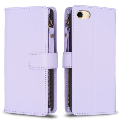 For iPhone SE 2022 / SE 2020 / 8 / 7 9 Card Slots Zipper Wallet Leather Flip Phone Case(Light Purple) - iPhone SE 2022 / 2020 / 8 / 7 Cases by buy2fix | Online Shopping UK | buy2fix