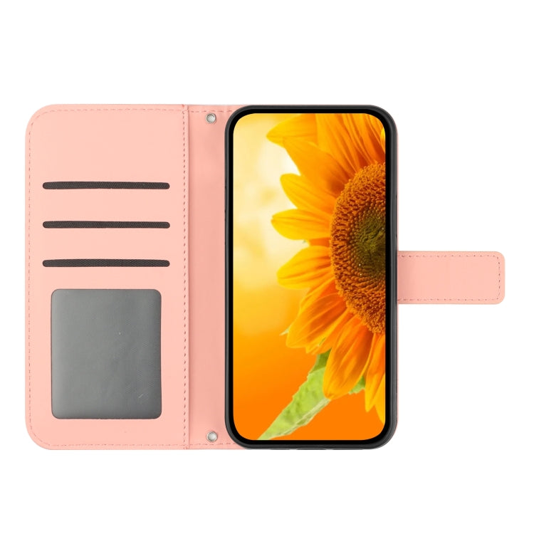 For iPhone 15 Skin Feel Sun Flower Embossed Flip Leather Phone Case with Lanyard(Pink) - iPhone 15 Cases by buy2fix | Online Shopping UK | buy2fix