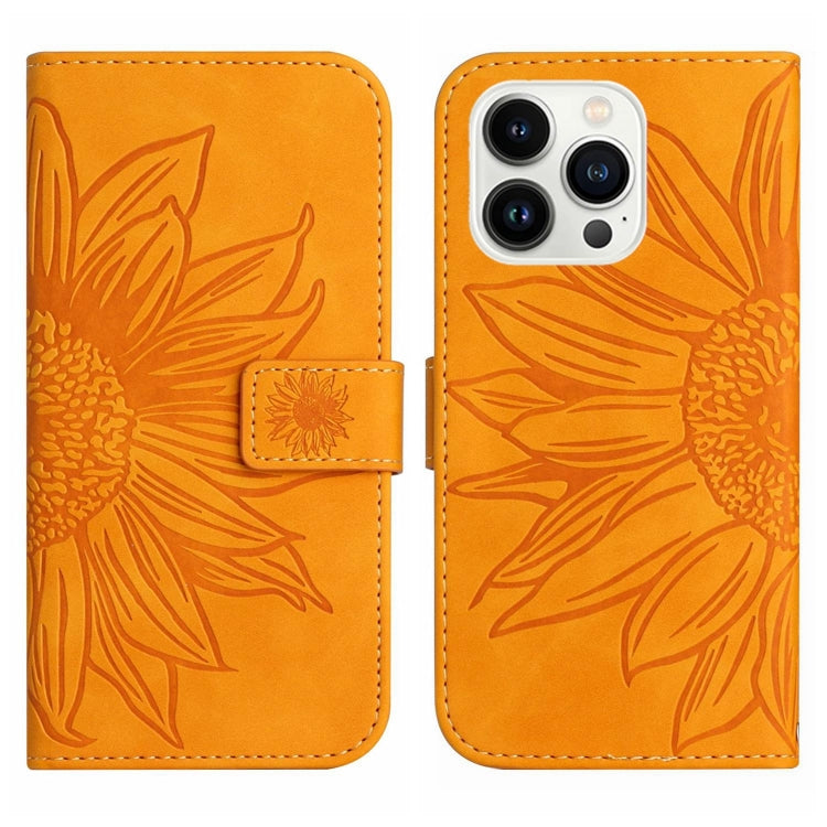 For iPhone 15 Pro Skin Feel Sun Flower Embossed Flip Leather Phone Case with Lanyard(Yellow) - iPhone 15 Pro Cases by buy2fix | Online Shopping UK | buy2fix