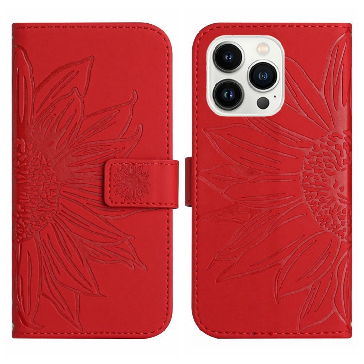 For iPhone 15 Pro Max Skin Feel Sun Flower Embossed Flip Leather Phone Case with Lanyard(Red) - iPhone 15 Pro Max Cases by buy2fix | Online Shopping UK | buy2fix