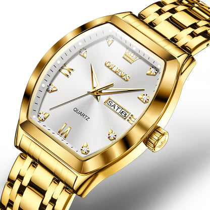 OLEVS 5528 Men Business Dual Calendar Wine Barrel Waterproof Quartz Watch(White + Gold) - Metal Strap Watches by OLEVS | Online Shopping UK | buy2fix