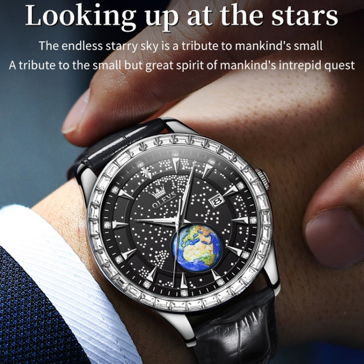 OLEVS 9967 Men Starry Sky Face Diamond Bezel Quartz Watch(Black Leather Strap) - Leather Strap Watches by OLEVS | Online Shopping UK | buy2fix