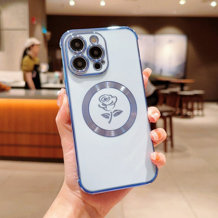 For iPhone 15 Pro Electroplate Side Roses Flower MagSafe Phone Case(Blue) - iPhone 15 Pro Cases by buy2fix | Online Shopping UK | buy2fix