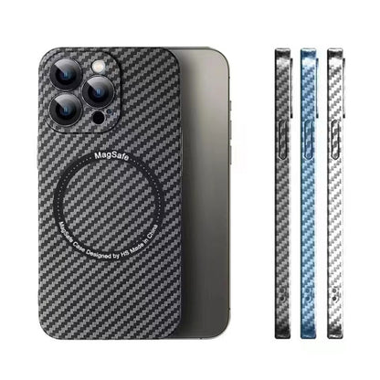 For iPhone 14 Pro MagSafe Magnetic PC Carbon Fiber Phone Case with Lens Film(Silver White) - iPhone 14 Pro Cases by buy2fix | Online Shopping UK | buy2fix