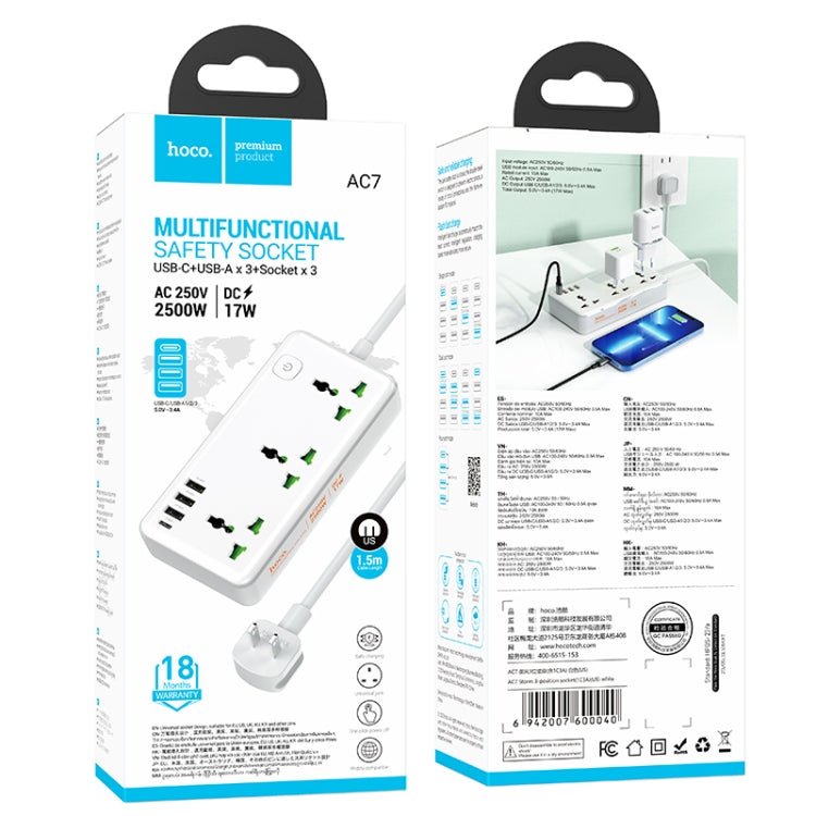 hoco AC7 Storm 3-position Socket with USB-C+3USB Ports, Cable Length: 1.5m, US Plug(White) - Extension Socket by hoco | Online Shopping UK | buy2fix