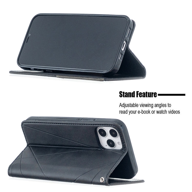 For iPhone 12 / 12 Pro Rhombus Texture Horizontal Flip Magnetic Leather Case with Holder & Card Slots(Black) - Apple Accessories by buy2fix | Online Shopping UK | buy2fix