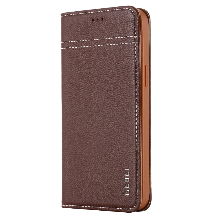 For iPhone 12 / 12 Pro GEBEI Top-grain Leather Horizontal Flip Protective Case with Holder & Card Slots(Brown) - iPhone 12 / 12 Pro Cases by GEBEI | Online Shopping UK | buy2fix