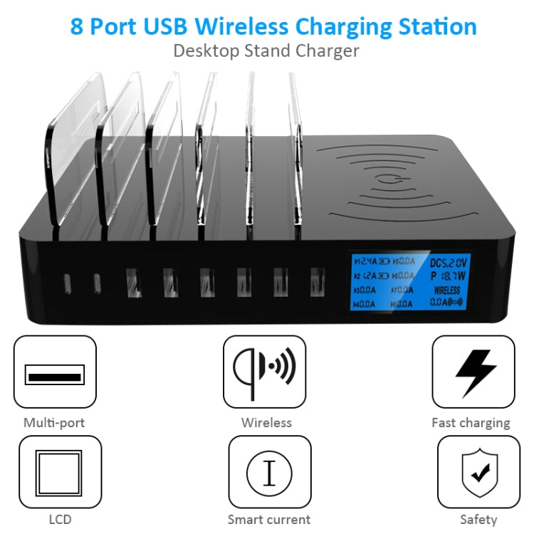 50W 6 USB Ports + 2 USB-C / Type-C Ports + Wireless Charging Multi-function Charger with LED Display & Detachable Bezel, US Plug - Multifunction Charger by buy2fix | Online Shopping UK | buy2fix