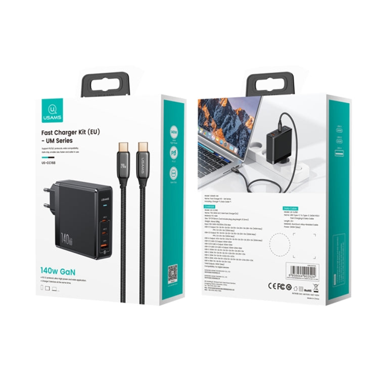 USAMS US-SJ581 T52 3 in 1 140W 3 USB Interfaces GaN Fast Charger Set, EU Plug(Black) -  by USAMS | Online Shopping UK | buy2fix