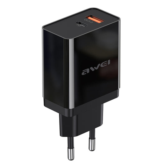 awei C-980 18W PD USB-C / Type-C + QC 3.0 USB Interface Fast Charging Travel Charger, EU Plug(Black) - USB Charger by awei | Online Shopping UK | buy2fix