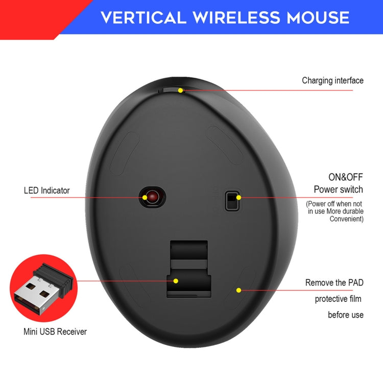 HXSJ T31 2.4GHz 2400DPI Three-speed Adjustable 7-keys Rechargeable Vertical Wireless Optical Mouse - Wireless Mice by HXSJ | Online Shopping UK | buy2fix