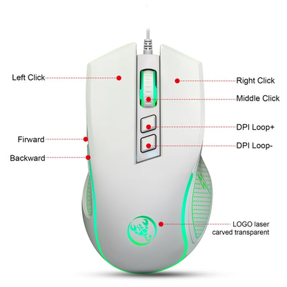 HXSJ X100 7-buttons 3600 DPI Cool Glowing Wired Gaming Mouse, Cable Length: 1.5m (White) - Wired Mice by HXSJ | Online Shopping UK | buy2fix