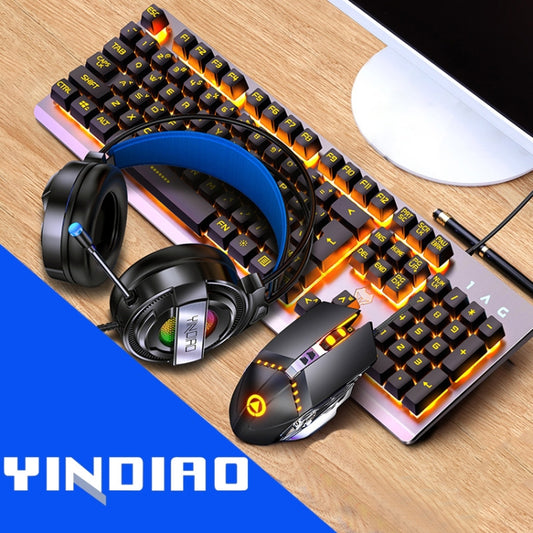 YINDIAO K002 USB Wired Mechanical Feel Orange Backlight Keyboard + Optical Mouse + Headset Set(Black) - Wired Keyboard by YINDIAO | Online Shopping UK | buy2fix