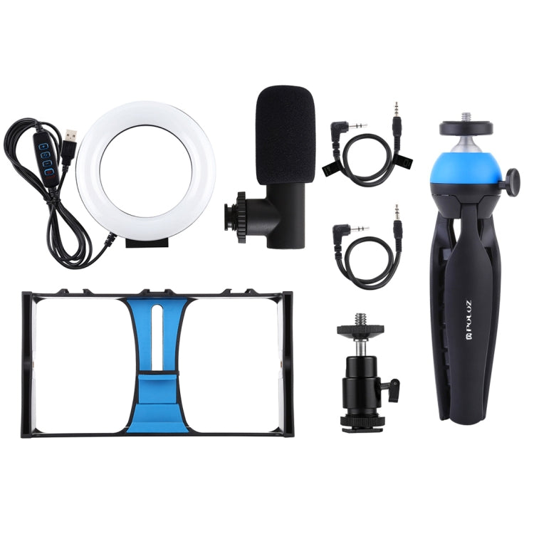 PULUZ 4 in 1 Vlogging Live Broadcast Smartphone Video Rig + 4.7 inch 12cm Ring LED Selfie Light Kits with Microphone + Tripod Mount + Cold Shoe Tripod Head for iPhone, Galaxy, Huawei, Xiaomi, HTC, LG, Google, and Other Smartphones(Blue) - Camera Accessories by PULUZ | Online Shopping UK | buy2fix