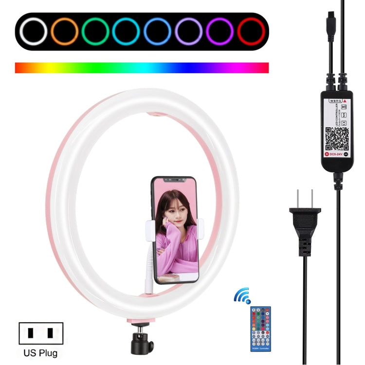 PULUZ 11.8 inch 30cm RGB Dimmable LED Ring Vlogging Selfie Photography Video Lights with Cold Shoe Tripod Ball Head & Phone Clamp (Pink)(US Plug) - Ring Light by PULUZ | Online Shopping UK | buy2fix