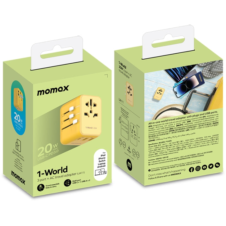 MOMAX UA11 1-World 20W PD Global Travel Fast Charger Power Adapter(Yellow) - International Plug Adaptor by MOMAX | Online Shopping UK | buy2fix