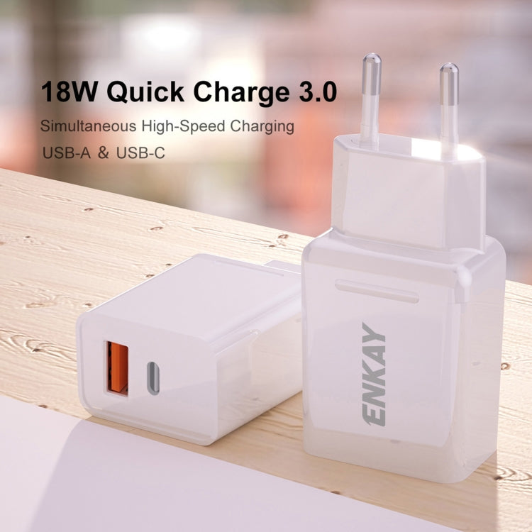 ENKAY Hat-Prince T030 18W 3A PD + QC3.0 Dual USB Fast Charging Power Adapter EU Plug Portable Travel Charger With 1m 3A Micro USB Cable - Mobile Accessories by ENKAY | Online Shopping UK | buy2fix