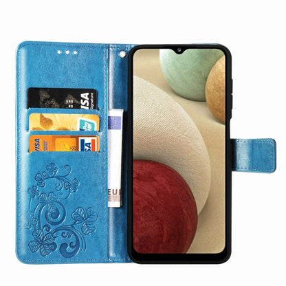 Four-leaf Clasp Embossed Buckle Mobile Phone Protection Leather Case with Lanyard & Card Slot & Wallet & Bracket Function For Samsung Galaxy A12(Blue) - Samsung Accessories by buy2fix | Online Shopping UK | buy2fix