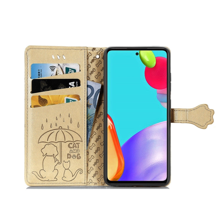 For Samsung Galaxy A52 5G/4G Cute Cat and Dog Embossed Horizontal Flip Leather Case with Holder & Card Slots & Wallet & Crossbody Lanyard & Card Cover(Gold) - Galaxy Phone Cases by buy2fix | Online Shopping UK | buy2fix