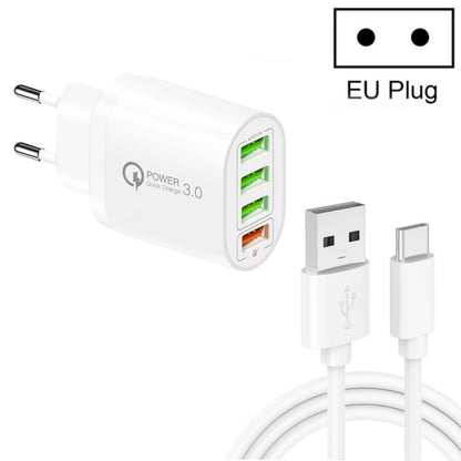 QC-04 QC3.0 + 3 x USB2.0 Multi-ports Charger with 3A USB to Type-C Data Cable, EU Plug(White) - Mobile Accessories by buy2fix | Online Shopping UK | buy2fix