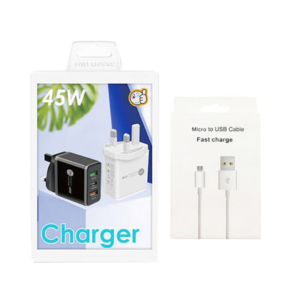 45W PD25W + 2 x QC3.0 USB Multi Port Charger with USB to Micro USB Cable, UK Plug(White) - Mobile Accessories by buy2fix | Online Shopping UK | buy2fix