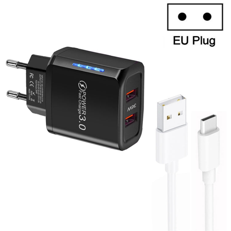 36W Dual Port QC3.0 USB Charger with 3A USB to Type-C Data Cable , EU Plug(Black) - Mobile Accessories by buy2fix | Online Shopping UK | buy2fix