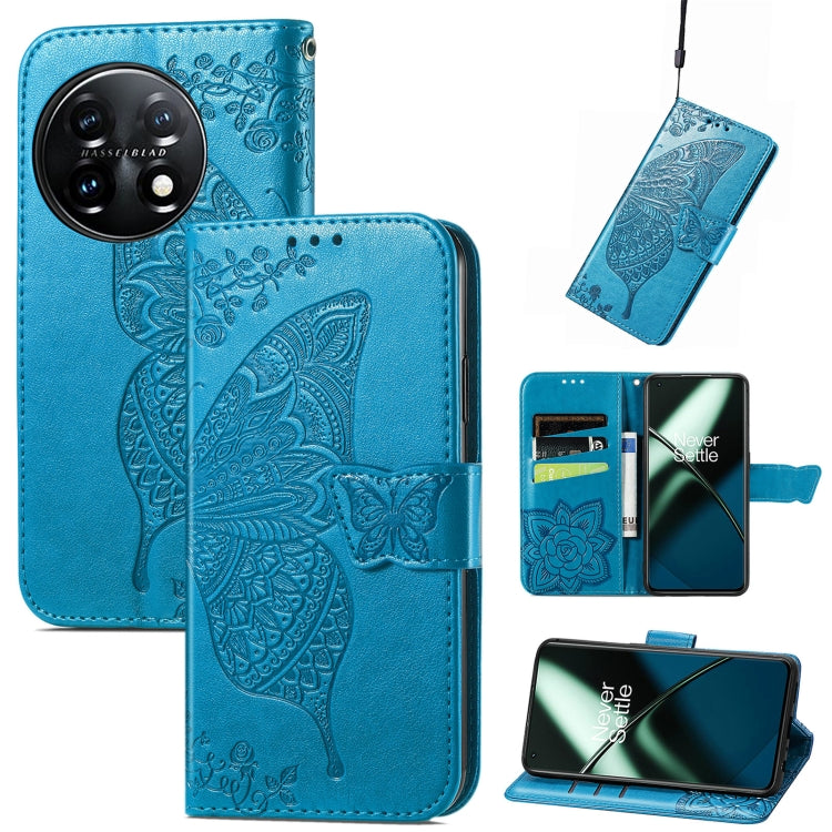 For OnePlus 11 Butterfly Love Flower Embossed Flip Leather Phone Case(Blue) - OnePlus Cases by buy2fix | Online Shopping UK | buy2fix