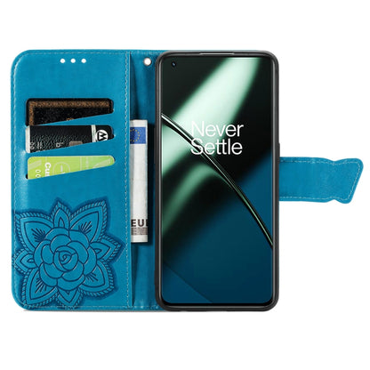 For OnePlus 11 Butterfly Love Flower Embossed Flip Leather Phone Case(Blue) - OnePlus Cases by buy2fix | Online Shopping UK | buy2fix