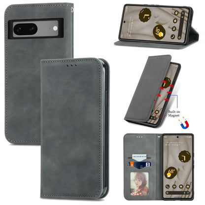 For Google Pixel 7A Retro Skin Feel Magnetic Flip Leather Phone Case(Gray) - Google Cases by buy2fix | Online Shopping UK | buy2fix