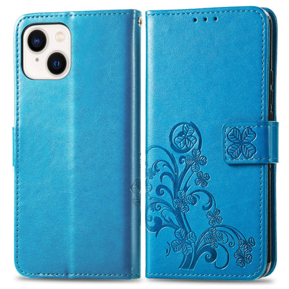 For iPhone 15 Four-leaf Clasp Embossed Buckle Leather Phone Case(Blue) - iPhone 15 Cases by buy2fix | Online Shopping UK | buy2fix