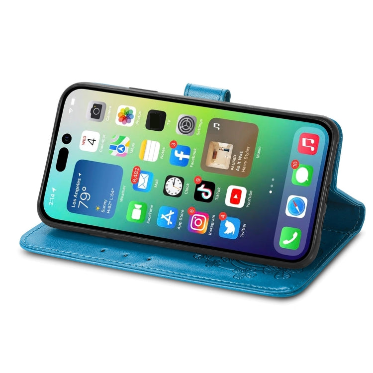 For iPhone 15 Four-leaf Clasp Embossed Buckle Leather Phone Case(Blue) - iPhone 15 Cases by buy2fix | Online Shopping UK | buy2fix
